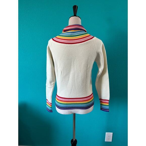 Macy's Turtle Neck Wool Pullover Sweater Ivory W/ Rainbow Trim Vintage Size M - Picture 3 of 5